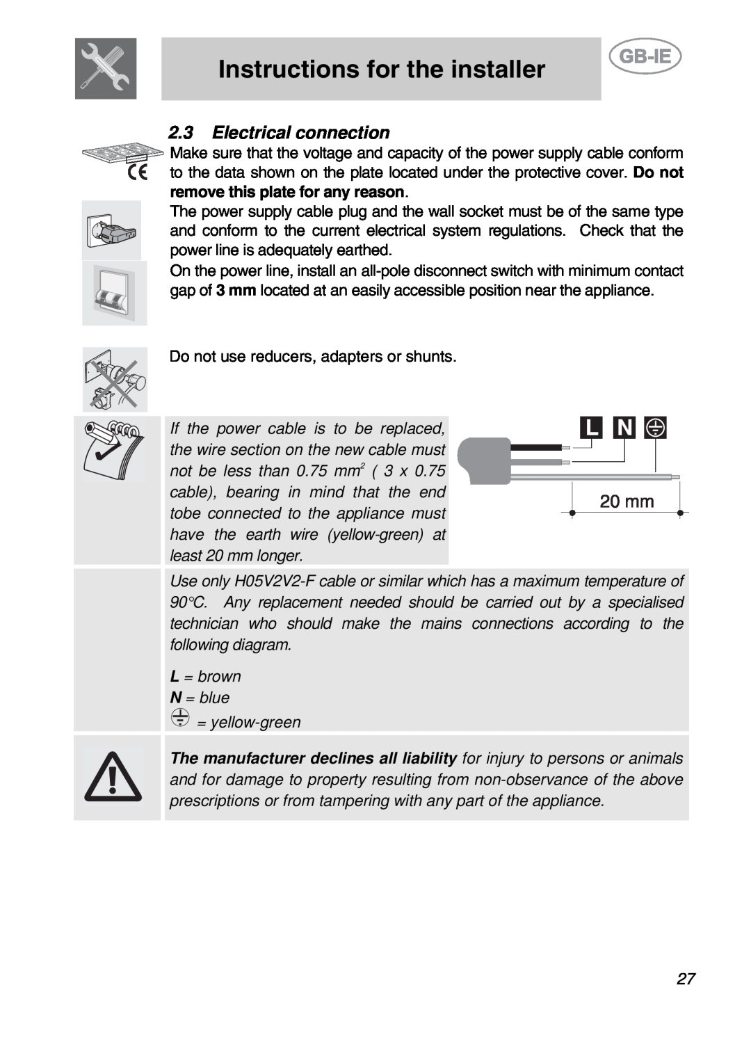 Smeg PGF95BE-2, PGF95-2 manual Electrical connection, Instructions for the installer 