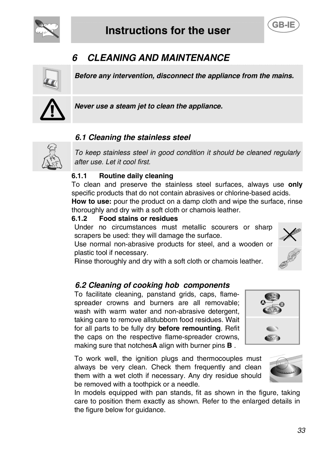 Smeg PGF95K-3 manual Cleaning and Maintenance, Cleaning the stainless steel, Cleaning of cooking hob components 