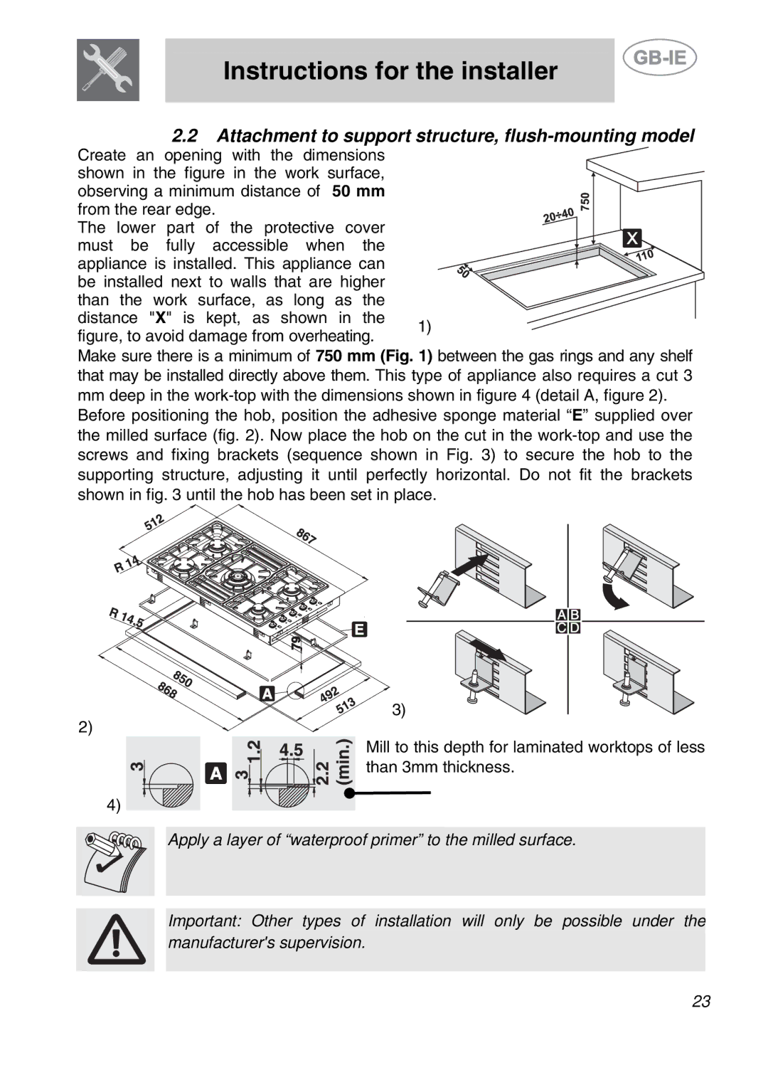 Smeg PGF95K-3 manual Attachment to support structure, flush-mounting model, Figure, to avoid damage from overheating 