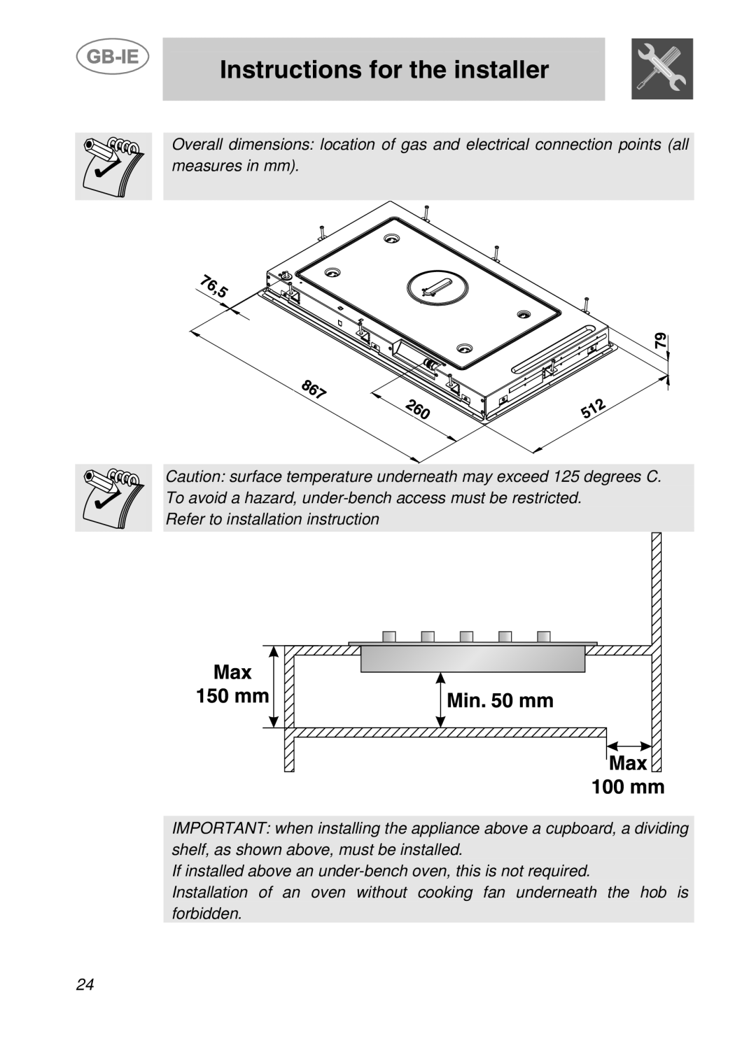 Smeg PGF95K-3 manual Instructions for the installer 