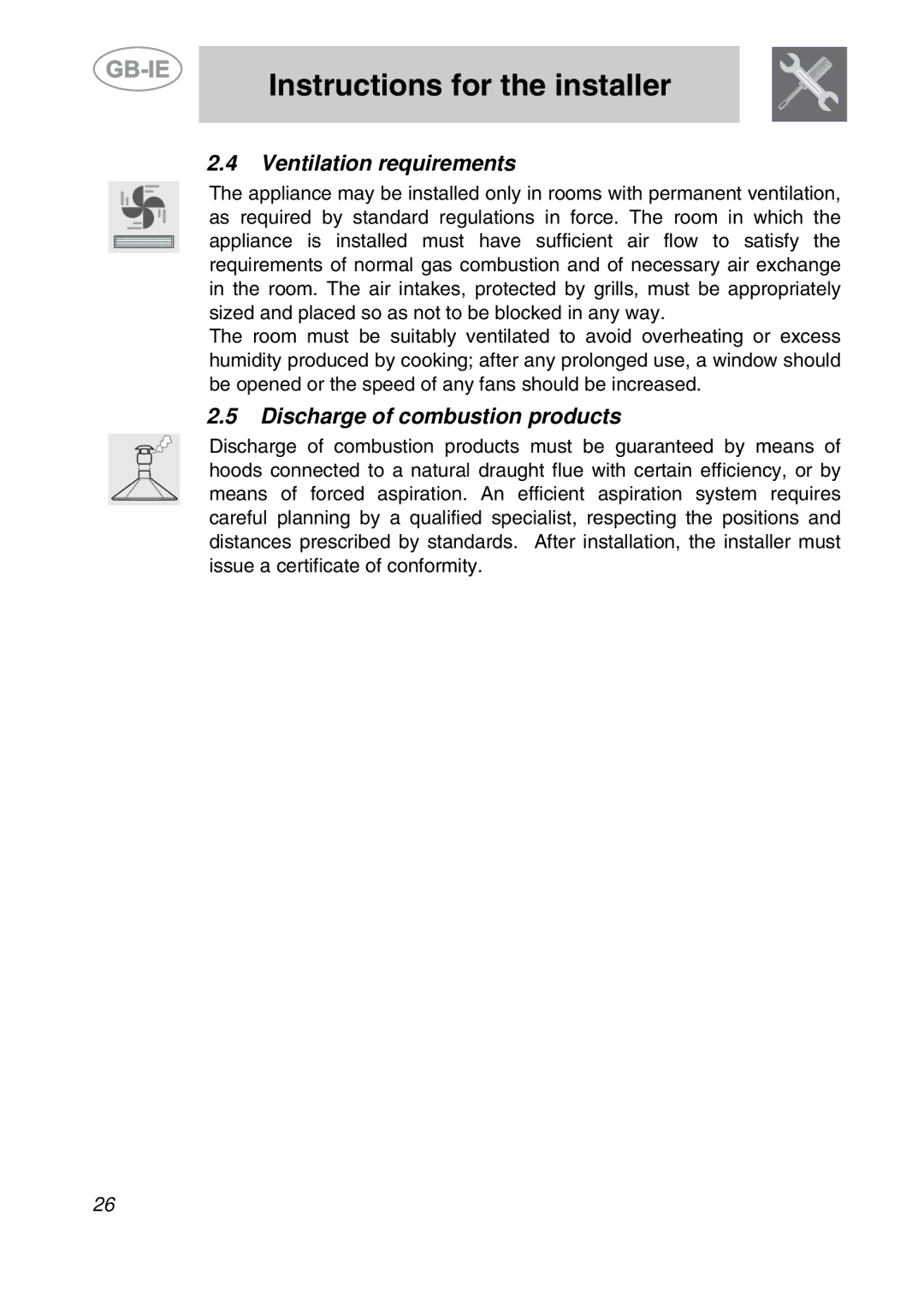 Smeg PGF95K-3 manual Ventilation requirements, Discharge of combustion products 