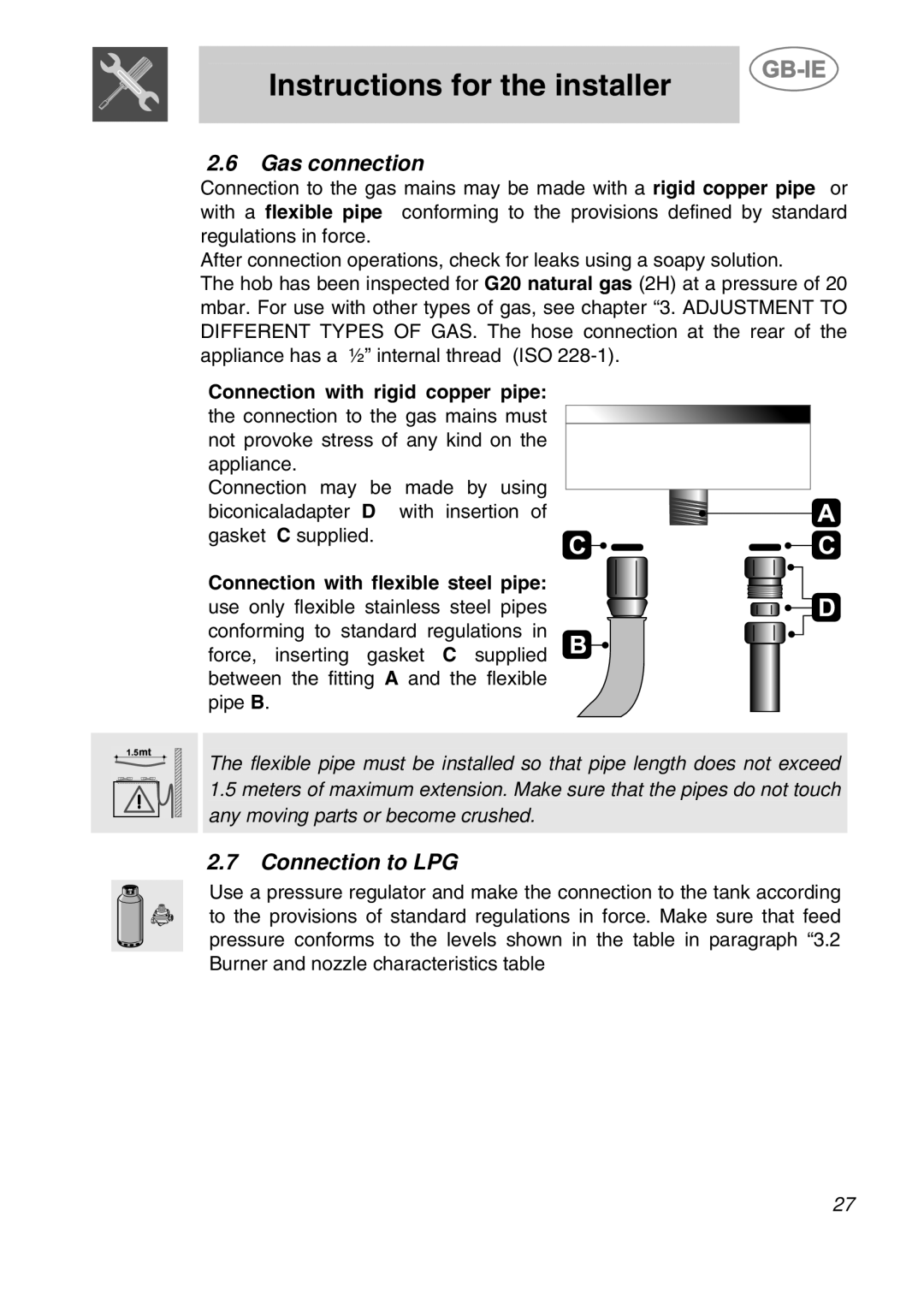 Smeg PGF95K-3 manual Gas connection, Connection to LPG 