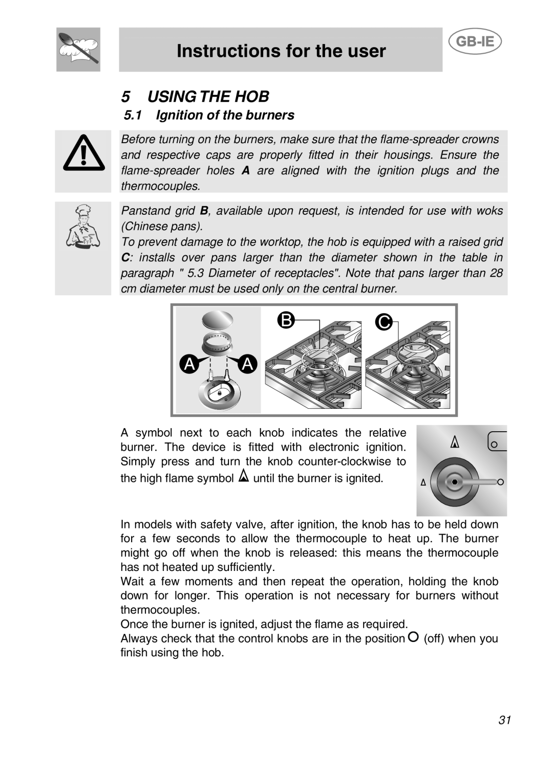 Smeg PGF95K-3 manual Instructions for the user, Using The Hob, Ignition of the burners 