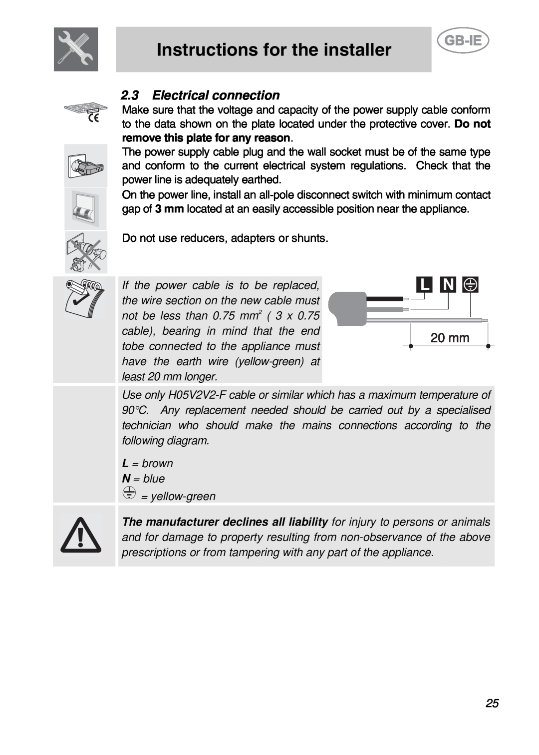Smeg PGF95K-3 manual Electrical connection, Instructions for the installer 
