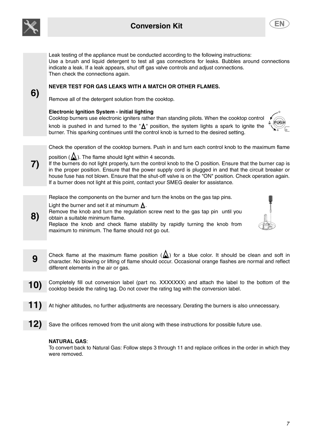 Smeg PGF95SCU3 important safety instructions Never Test for GAS Leaks with a Match or Other Flames, Natural GAS 