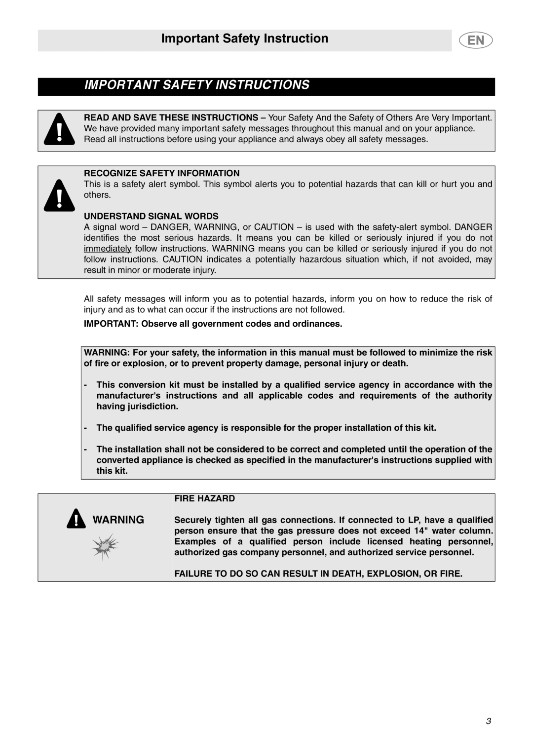 Smeg PGF95SCU3 important safety instructions Important Safety Instruction, Recognize Safety Information, Fire Hazard 
