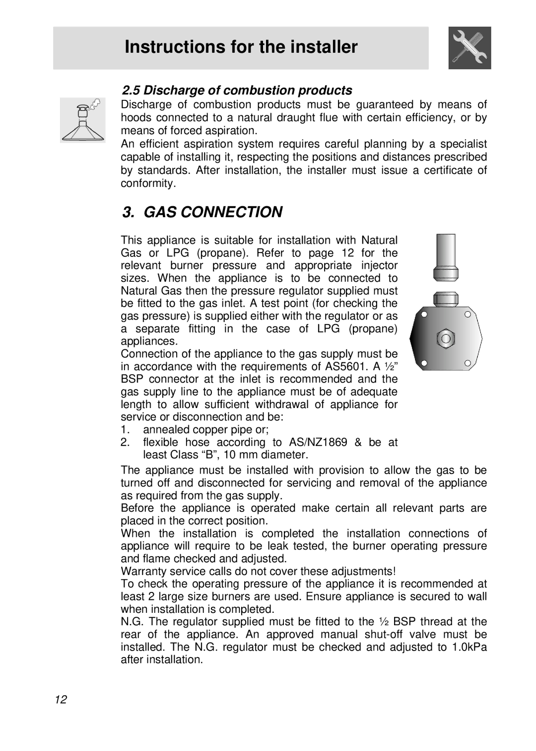 Smeg PGFA95F-1 manual GAS Connection, Discharge of combustion products 