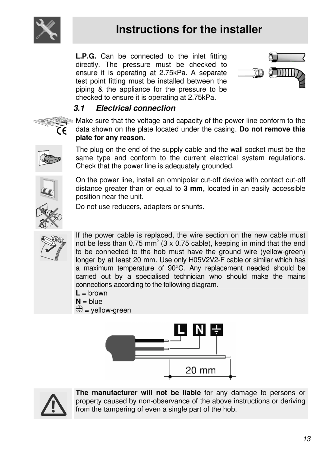 Smeg PGFA95F-1 manual Electrical connection, Plate for any reason 