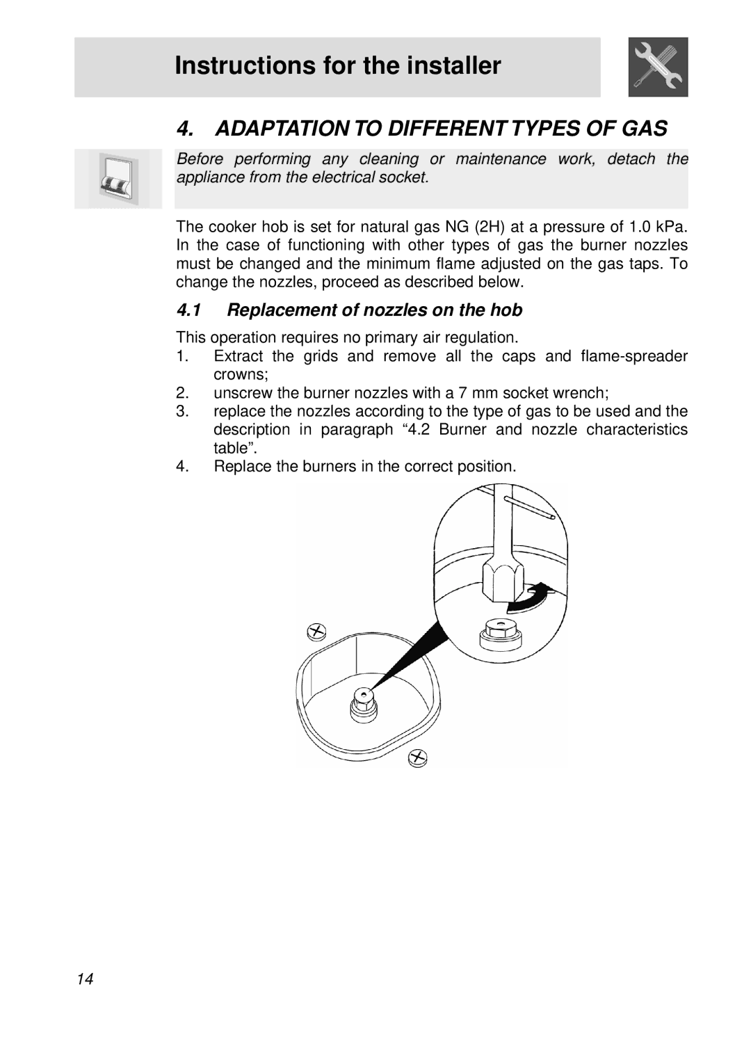 Smeg PGFA95F-1 manual Adaptation to Different Types of GAS, Replacement of nozzles on the hob 