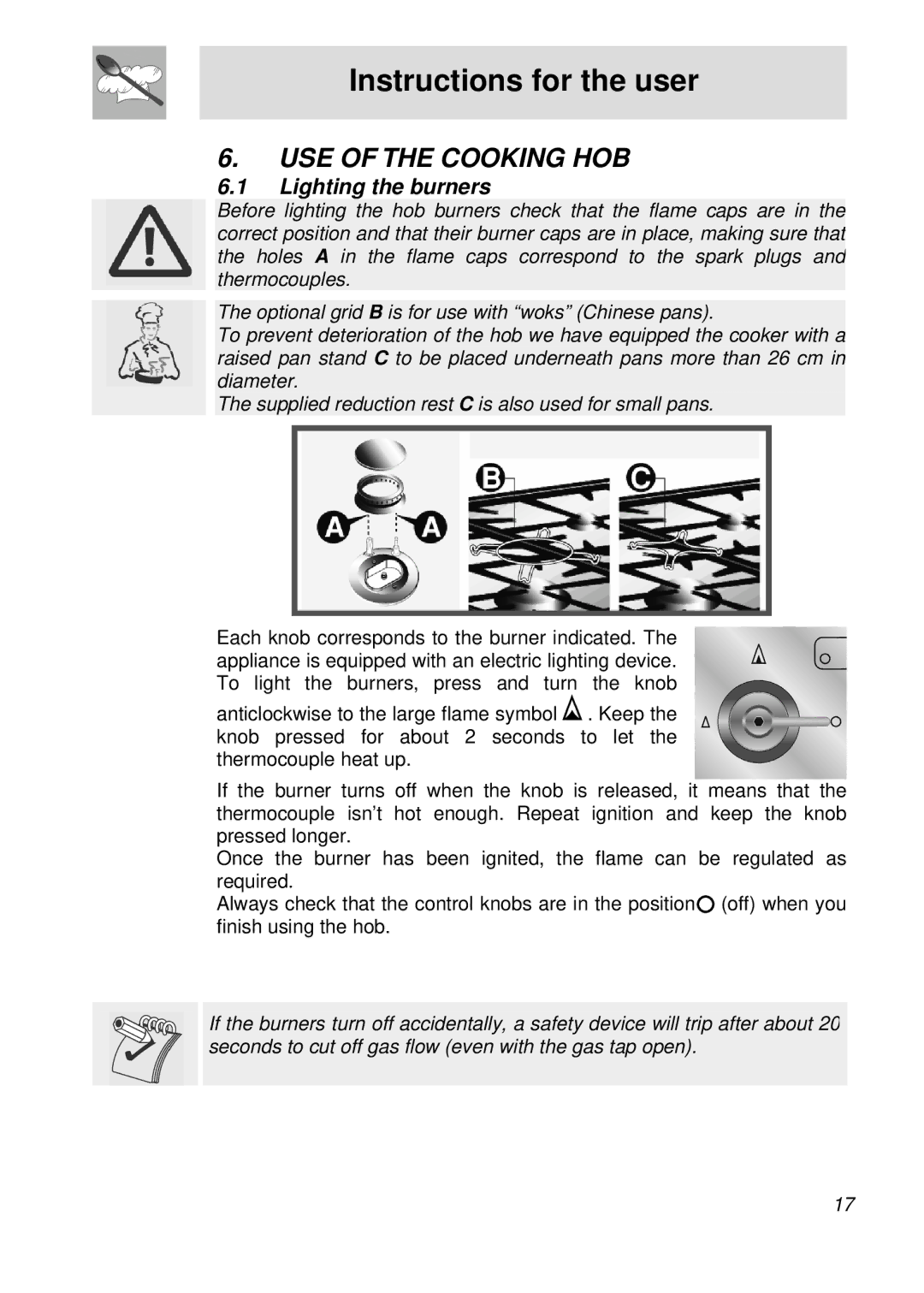 Smeg PGFA95F-1 manual Instructions for the user, USE of the Cooking HOB, Lighting the burners 