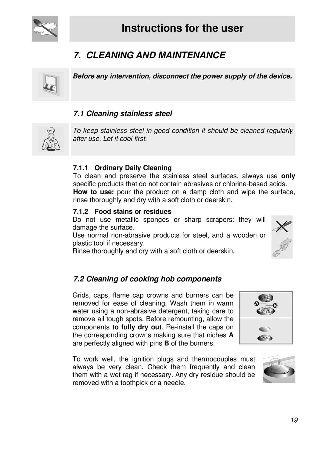 Smeg PGFA95F-1 manual Cleaning and Maintenance, Cleaning stainless steel, Cleaning of cooking hob components 