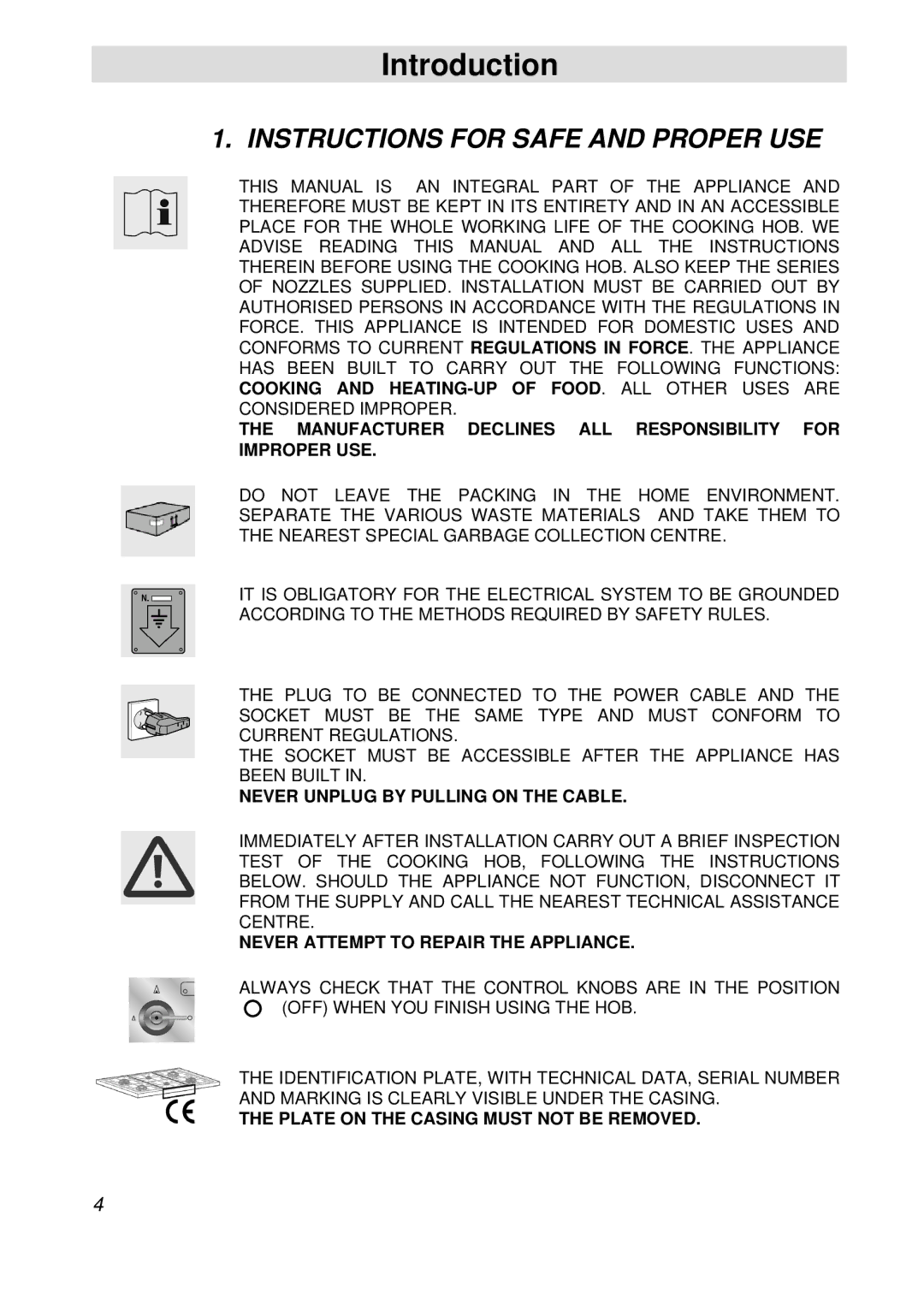 Smeg PGFA95F-1 manual Introduction, Instructions for Safe and Proper USE 