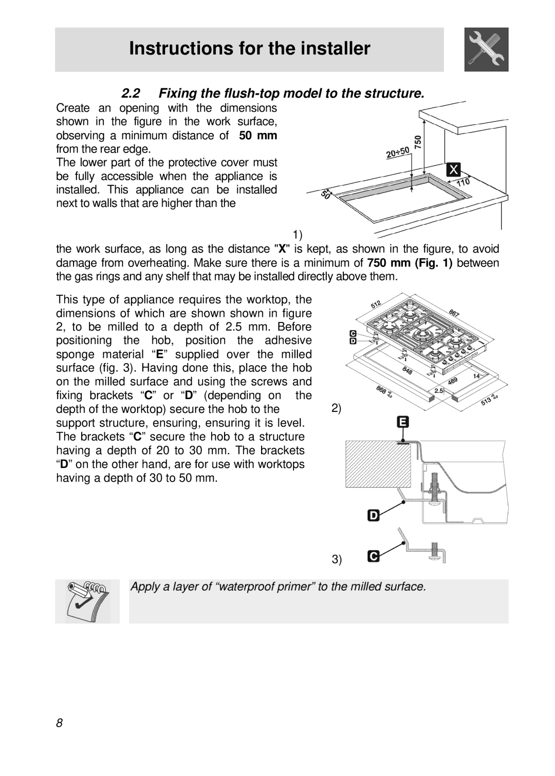 Smeg PGFA95F-1 manual Fixing the flush-top model to the structure 