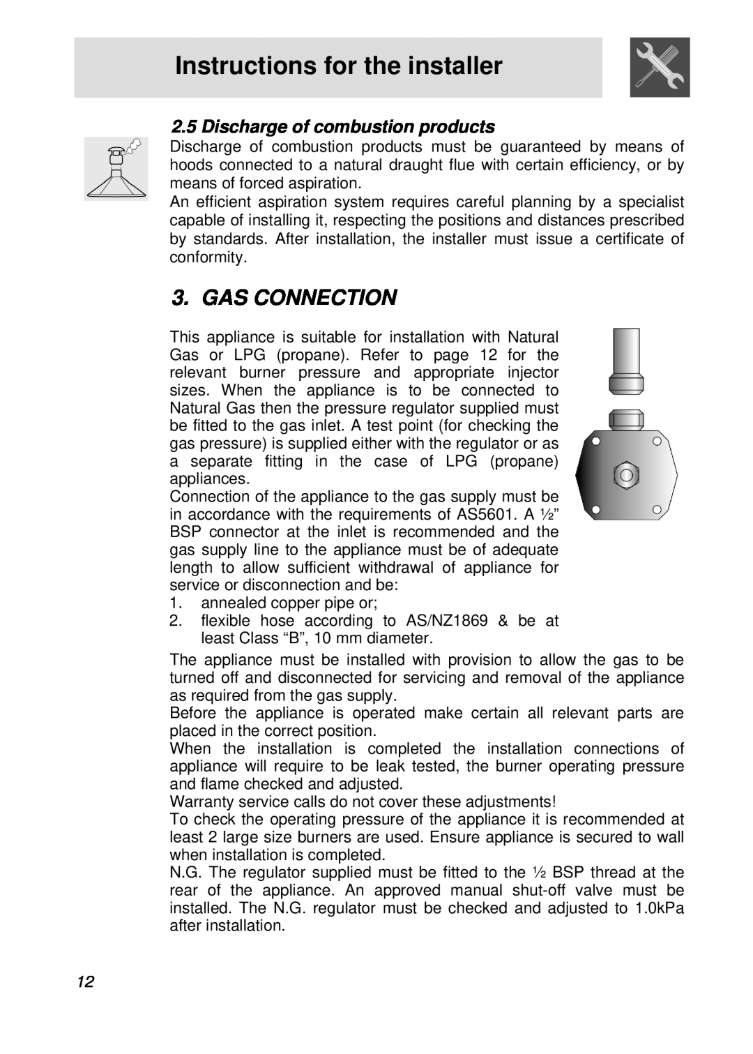 Smeg PGFA95F-1 manual Gas Connection, Discharge of combustion products, Instructions for the installer 