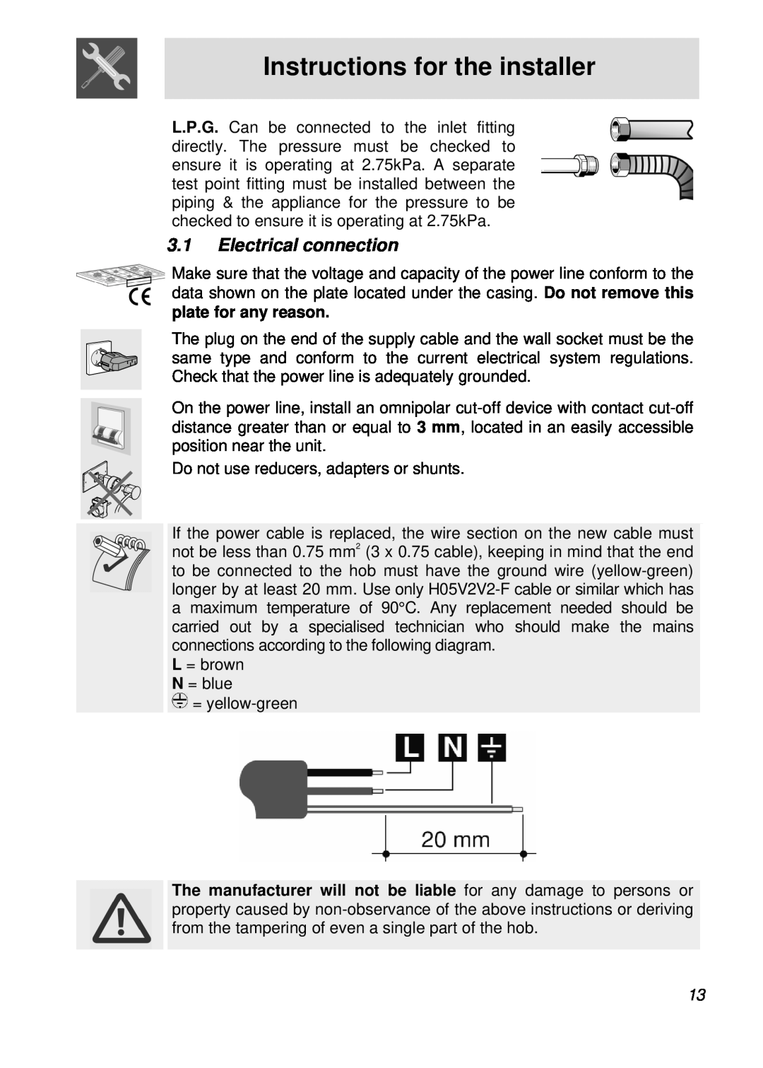 Smeg PGFA95F-1 manual 3.1Electrical connection, Instructions for the installer, plate for any reason 