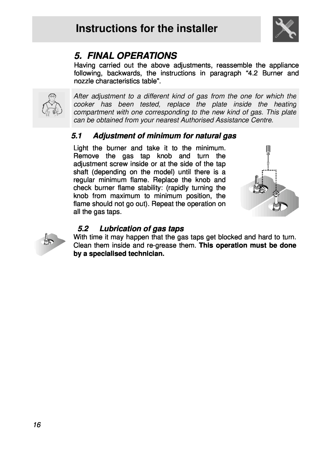 Smeg PGFA95F-1 manual Final Operations, 5.1Adjustment of minimum for natural gas, 5.2Lubrication of gas taps 