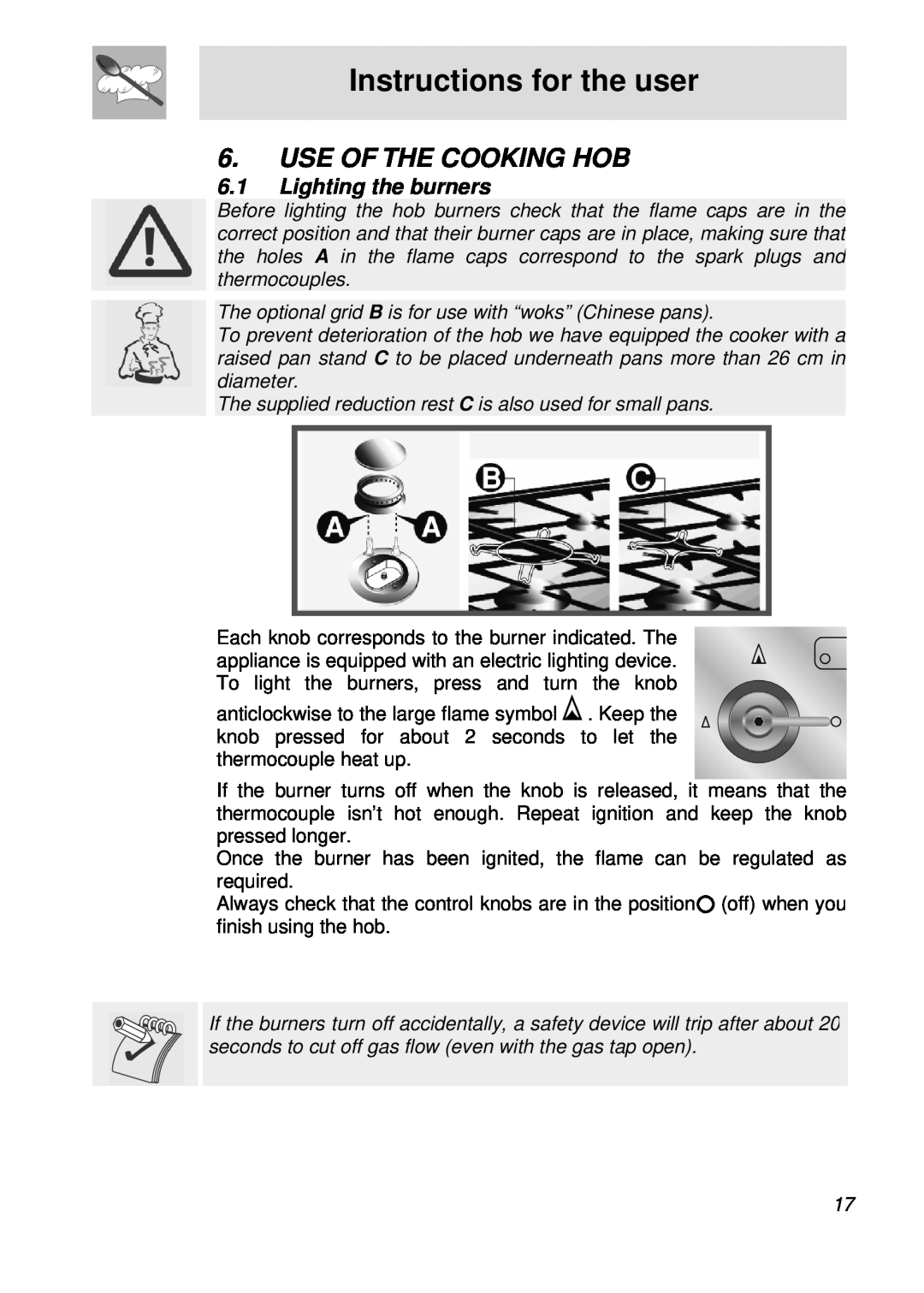 Smeg PGFA95F-1 manual Instructions for the user, Use Of The Cooking Hob, 6.1Lighting the burners 
