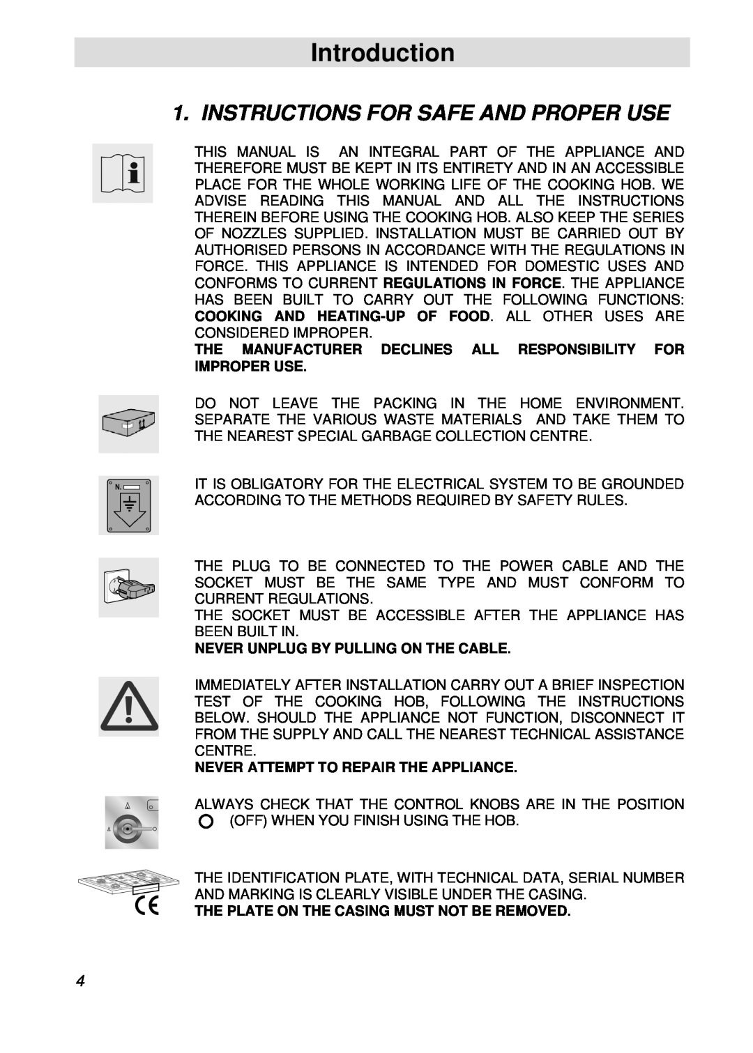 Smeg PGFA95F-1 manual Introduction, Instructions For Safe And Proper Use, Never Unplug By Pulling On The Cable 