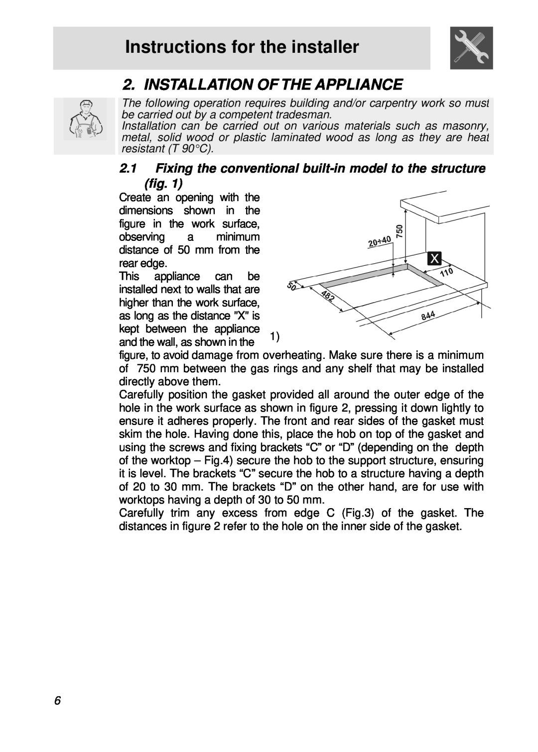 Smeg PGFA95F-1 manual Instructions for the installer, Installation Of The Appliance 