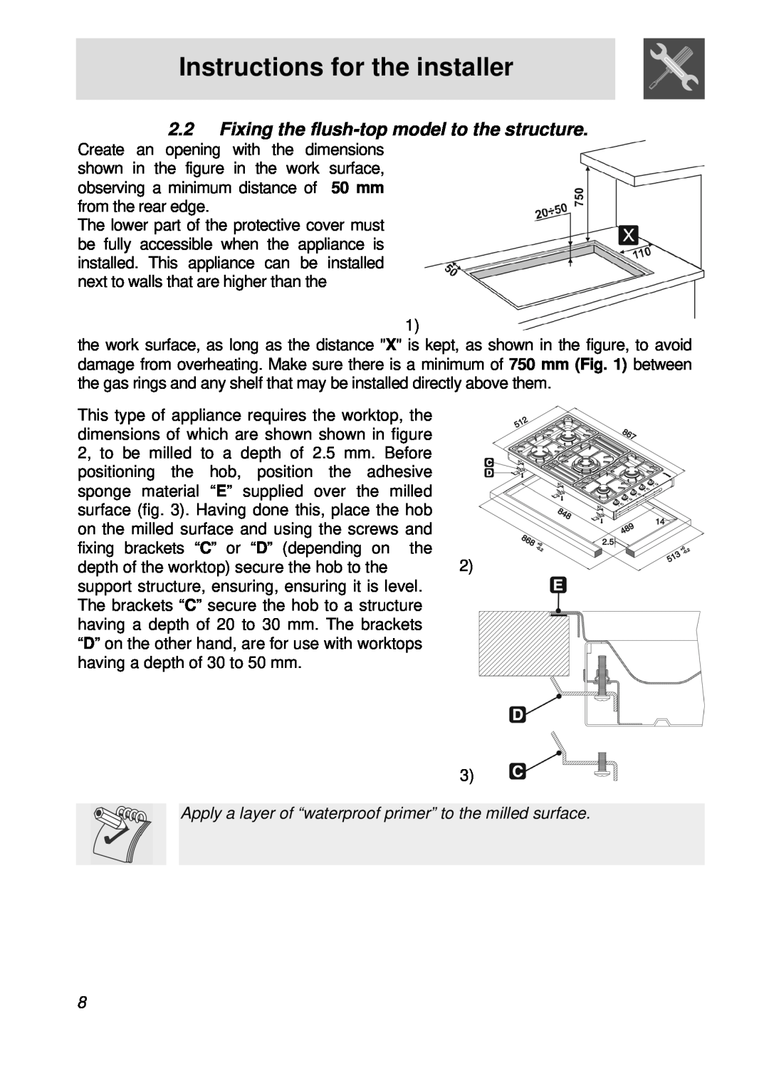 Smeg PGFA95F-1 manual 2.2Fixing the flush-topmodel to the structure, Instructions for the installer 