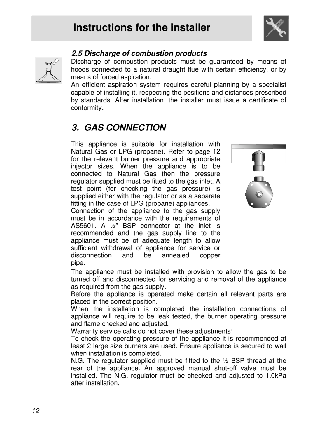 Smeg PGFA95F manual GAS Connection, Discharge of combustion products 