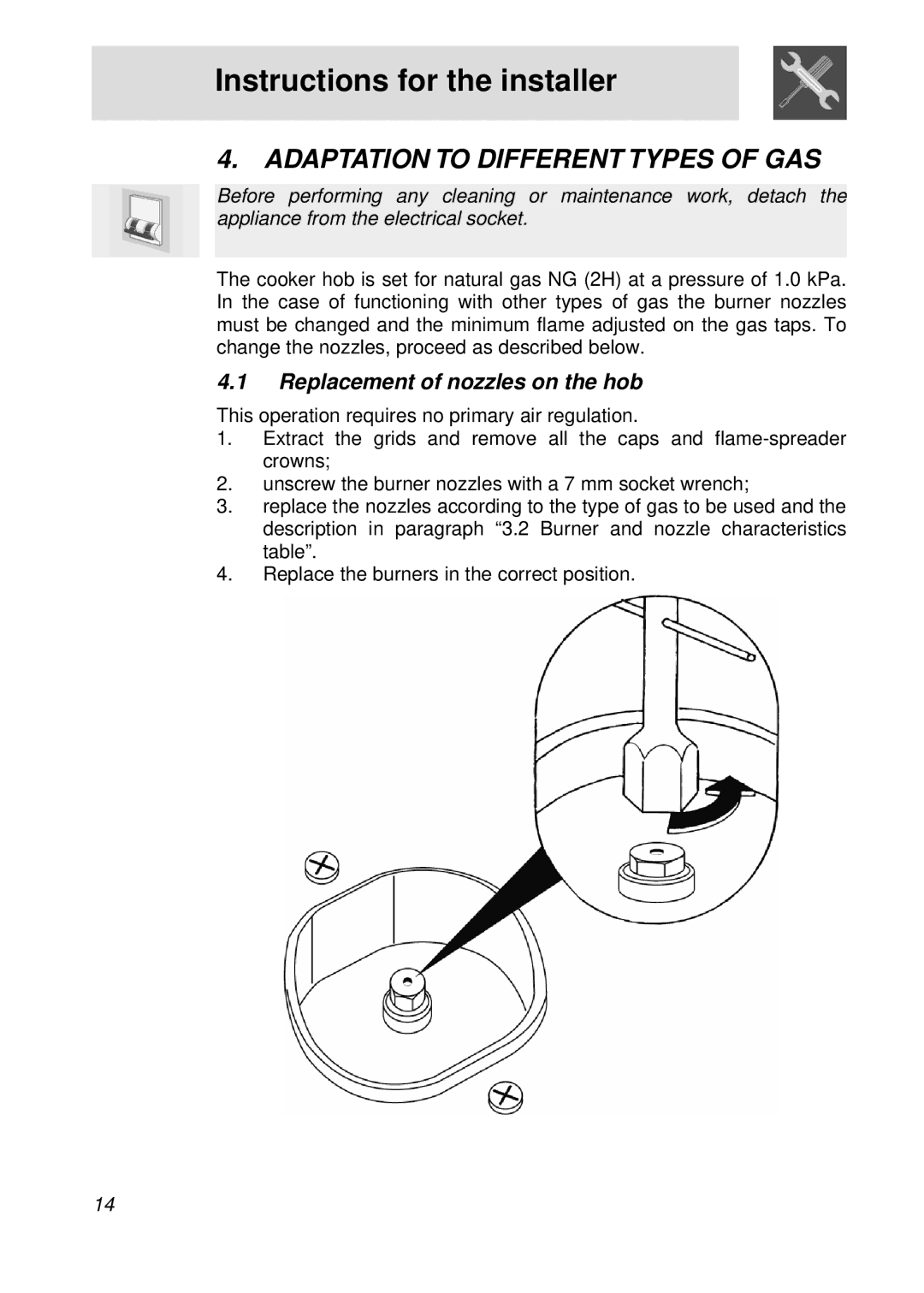 Smeg PGFA95F manual Adaptation to Different Types of GAS, Replacement of nozzles on the hob 