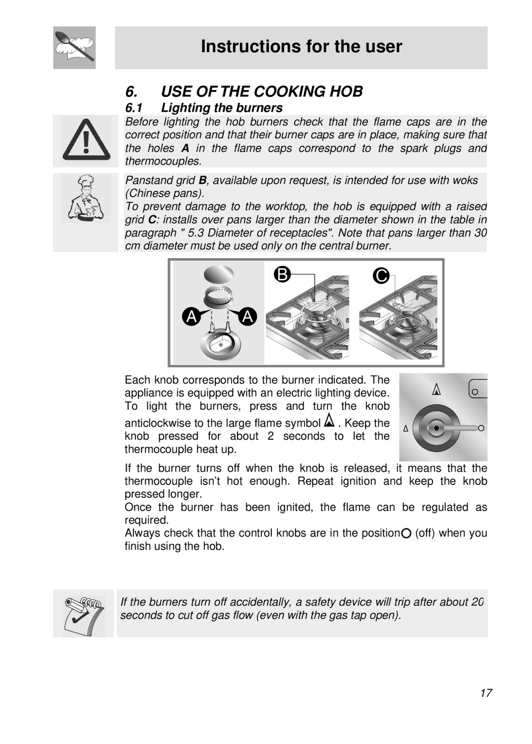 Smeg PGFA95F manual Instructions for the user, USE of the Cooking HOB, Lighting the burners 