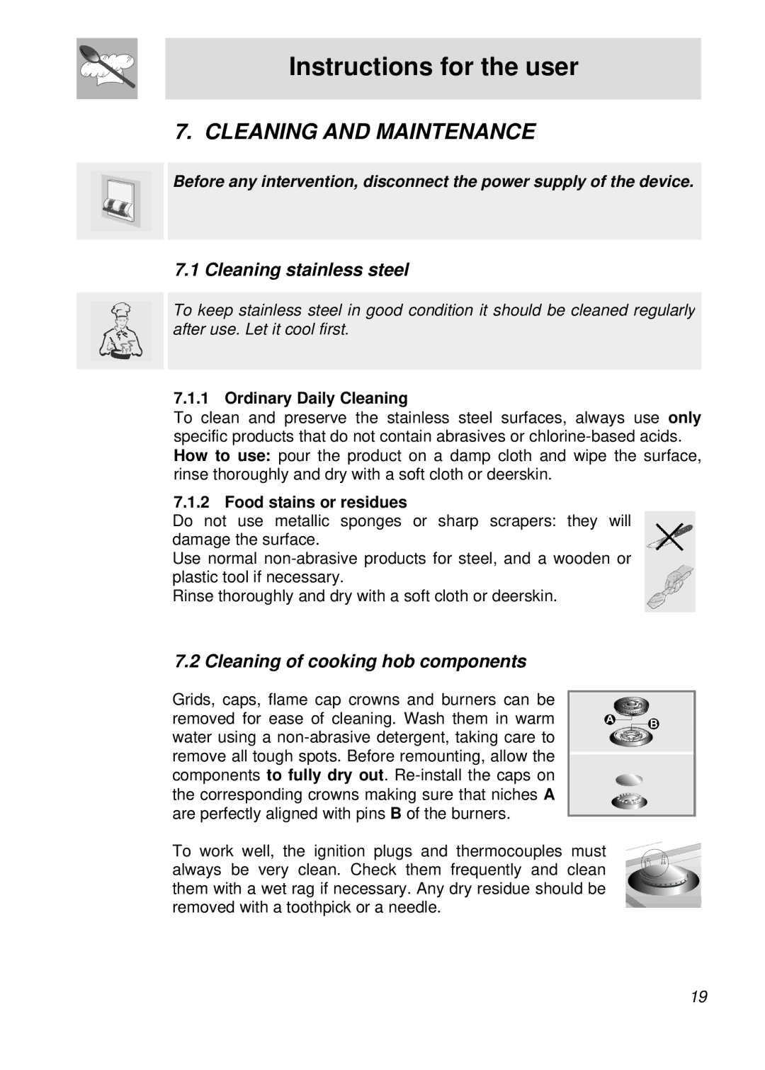 Smeg PGFA95F manual Cleaning and Maintenance, Cleaning stainless steel, Cleaning of cooking hob components 