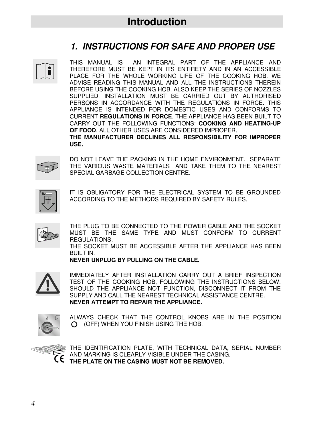 Smeg PGFA95F manual Introduction, Instructions for Safe and Proper USE 