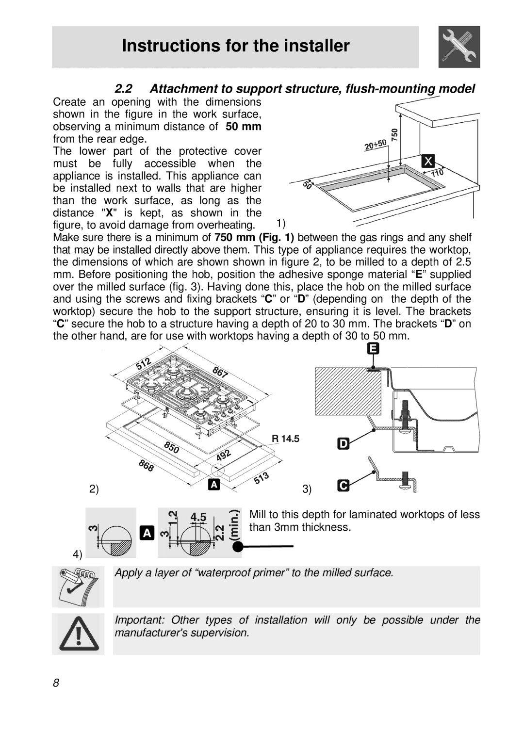 Smeg PGFA95F manual Attachment to support structure, flush-mounting model, Figure, to avoid damage from overheating 