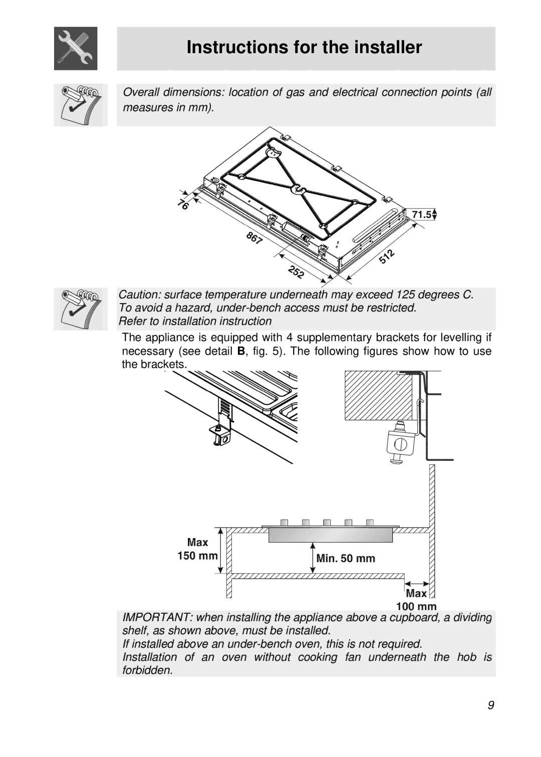 Smeg PGFA95F manual Instructions for the installer 