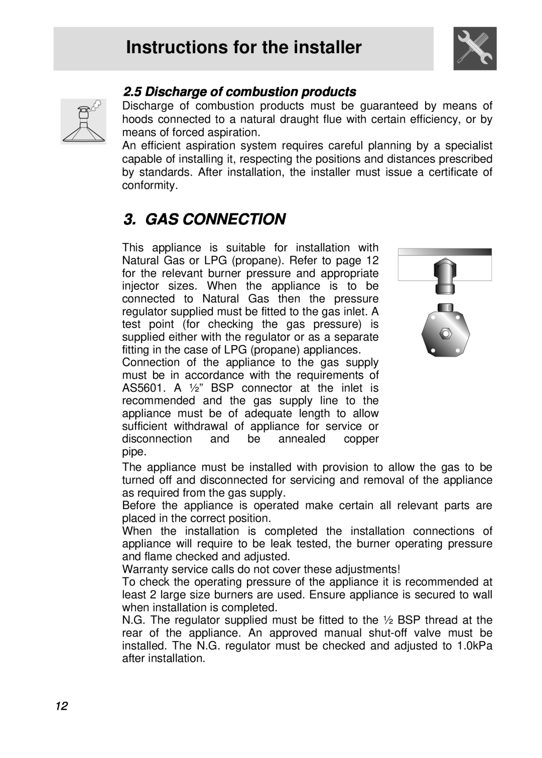 Smeg PGFA95F manual Gas Connection, Discharge of combustion products, Instructions for the installer 