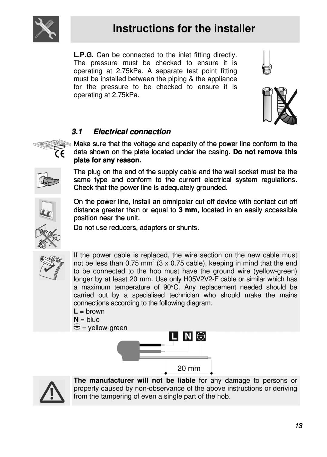 Smeg PGFA95F manual Electrical connection, Instructions for the installer 