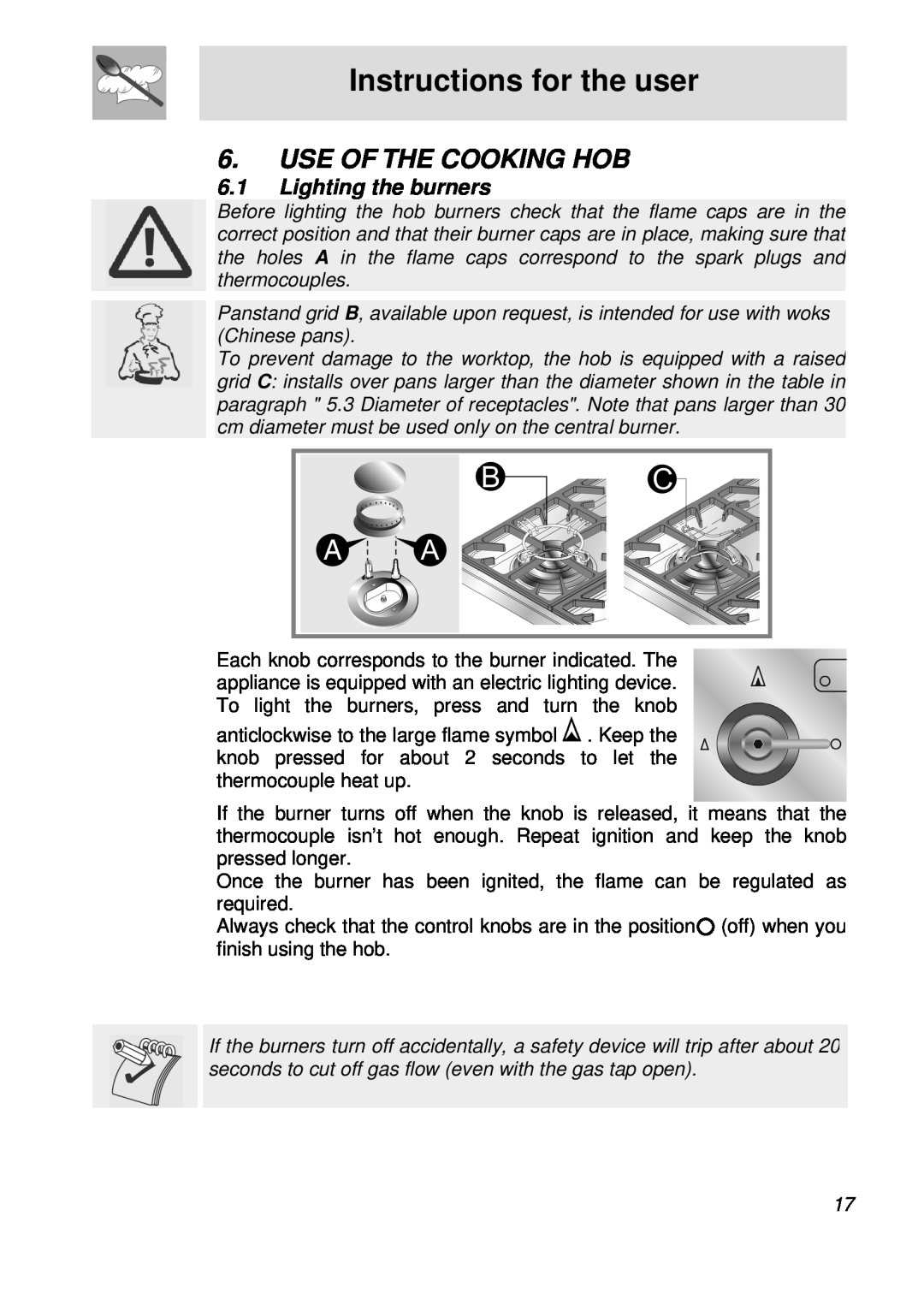 Smeg PGFA95F manual Instructions for the user, Use Of The Cooking Hob, Lighting the burners 