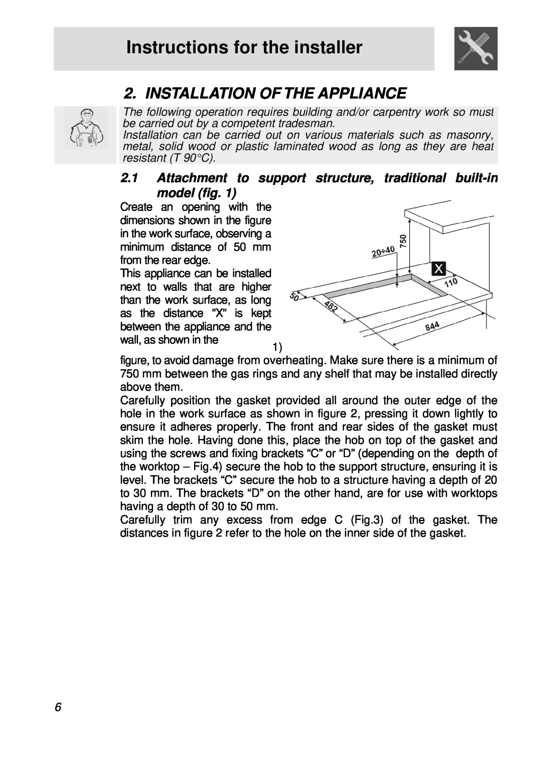 Smeg PGFA95F manual Instructions for the installer, Installation Of The Appliance 