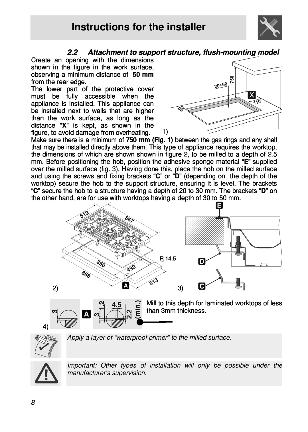 Smeg PGFA95F manual Attachment to support structure, flush-mounting model, Instructions for the installer 