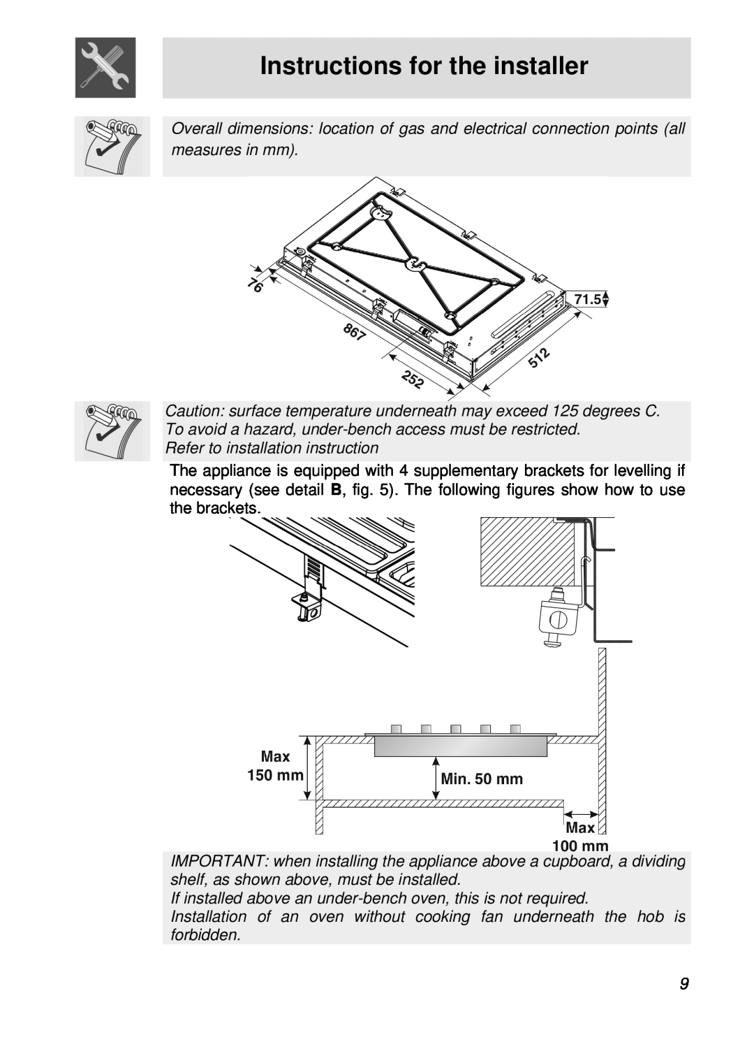 Smeg PGFA95F manual Instructions for the installer, Refer to installation instruction 