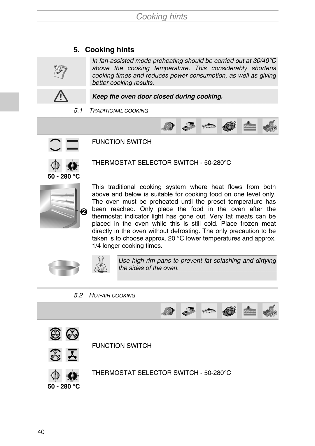 Smeg PIRO10NE manual Cooking hints, Function Switch Thermostat Selector Switch 50-280C 