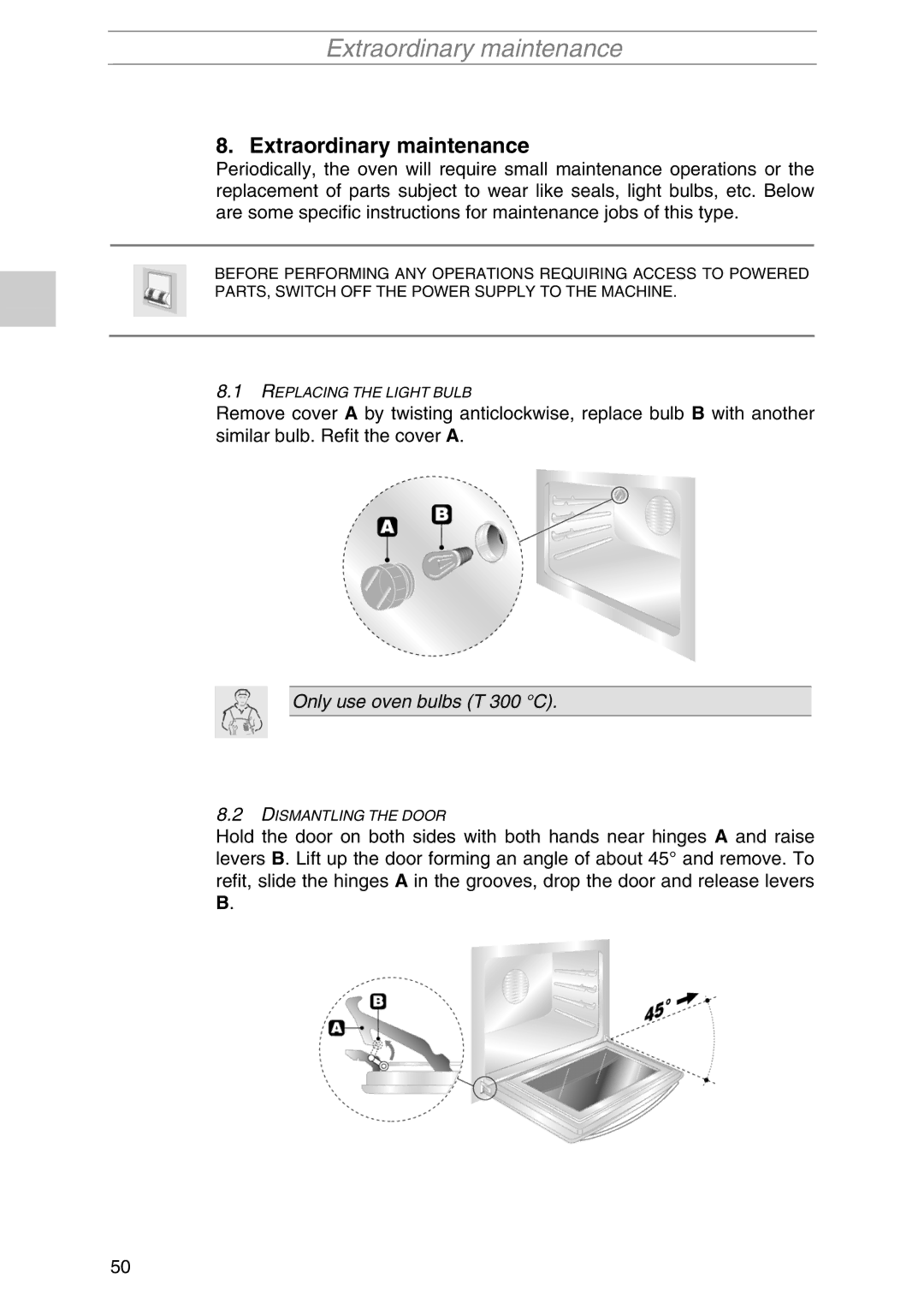Smeg PIRO10NE manual Extraordinary maintenance, Only use oven bulbs T 300 C 