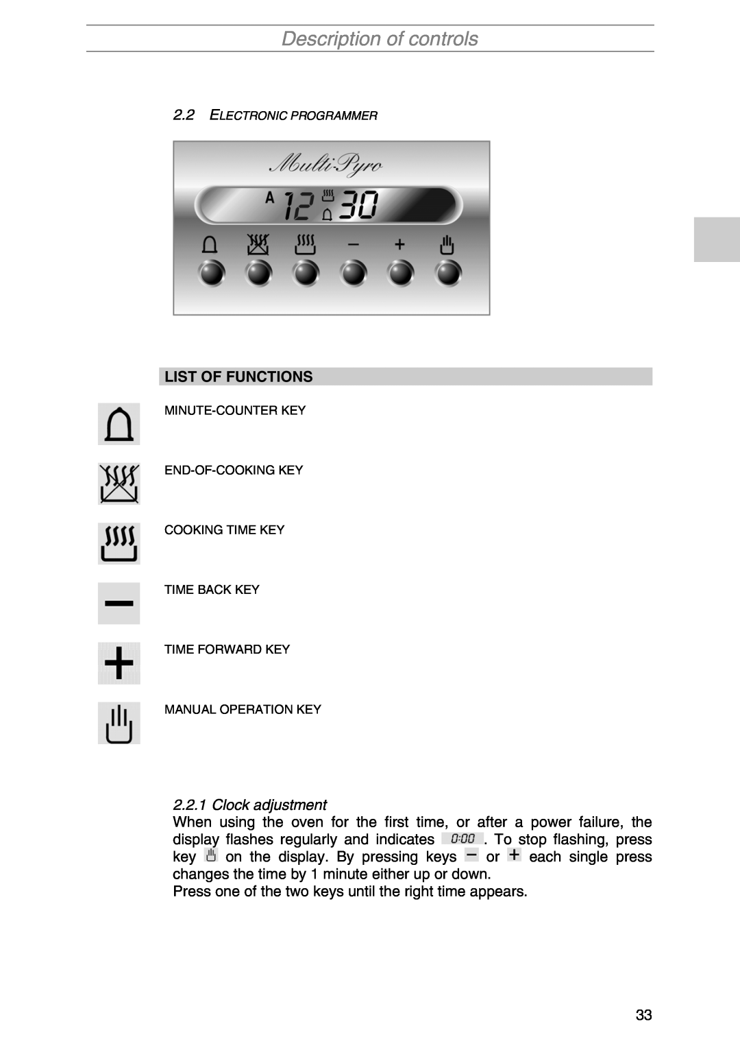 Smeg PIRO10NE manual List Of Functions, Description of controls, Clock adjustment 