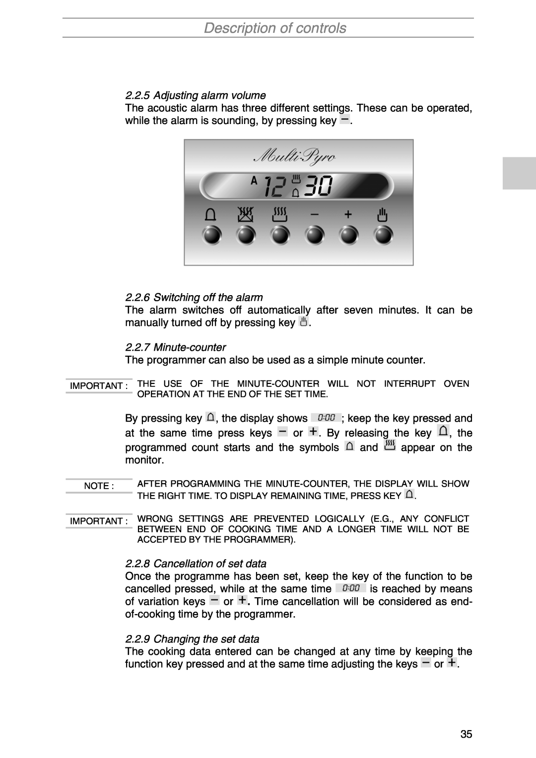 Smeg PIRO10NE manual Description of controls, Adjusting alarm volume, Switching off the alarm, Minute-counter 