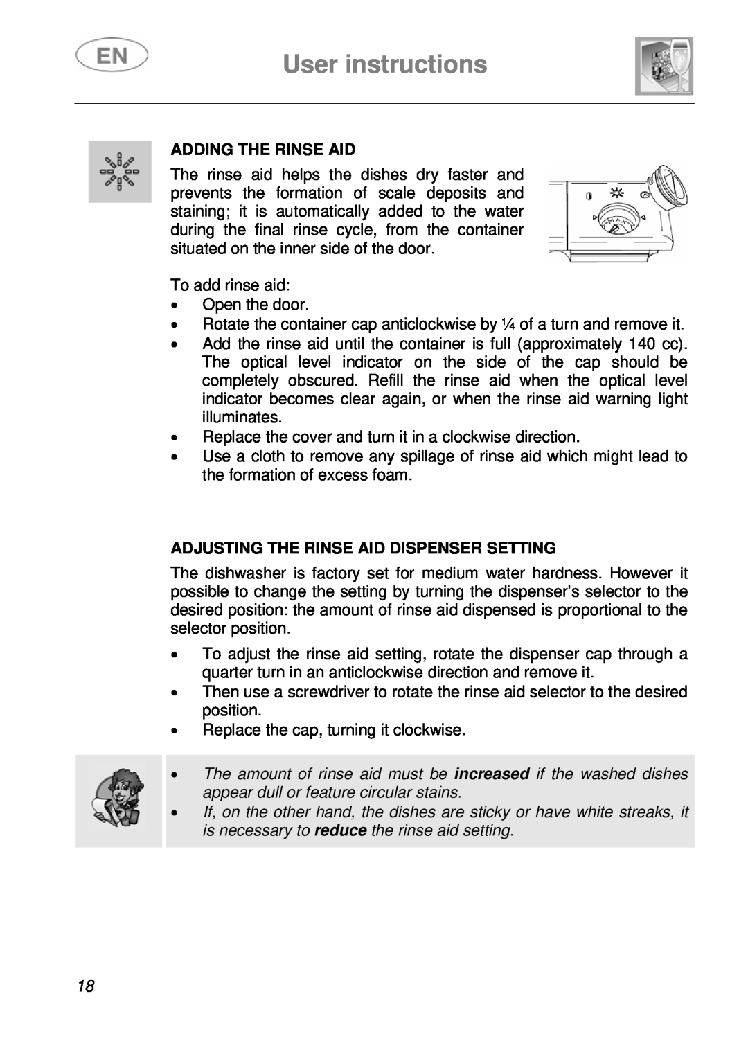 Smeg PL115X, PL115NE instruction manual User instructions, Adding The Rinse Aid, Adjusting The Rinse Aid Dispenser Setting 