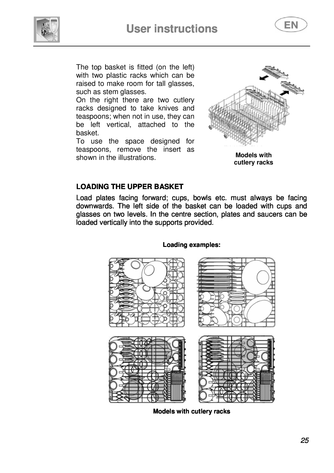 Smeg PL115NE, PL115X User instructions, Loading The Upper Basket, Loading examples Models with cutlery racks 