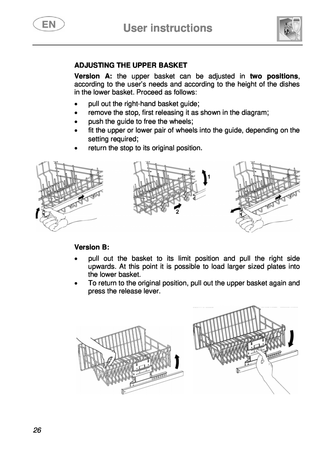 Smeg PL115X, PL115NE instruction manual User instructions, Adjusting The Upper Basket, Version B 