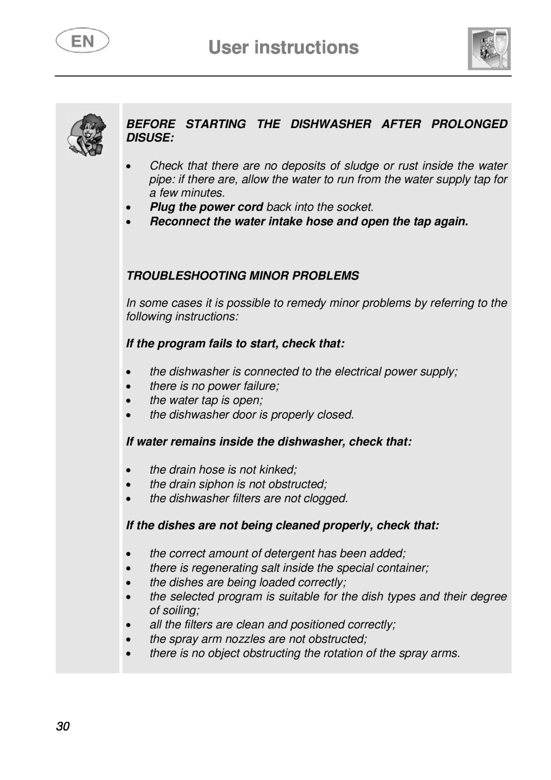 Smeg PL115X User instructions, Before Starting The Dishwasher After Prolonged Disuse, Troubleshooting Minor Problems 