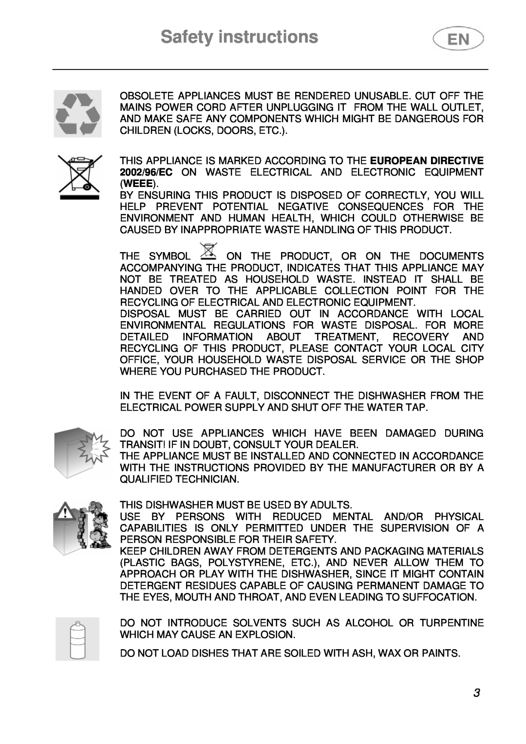 Smeg PL115NE, PL115X instruction manual Safety instructions, This Dishwasher Must Be Used By Adults 