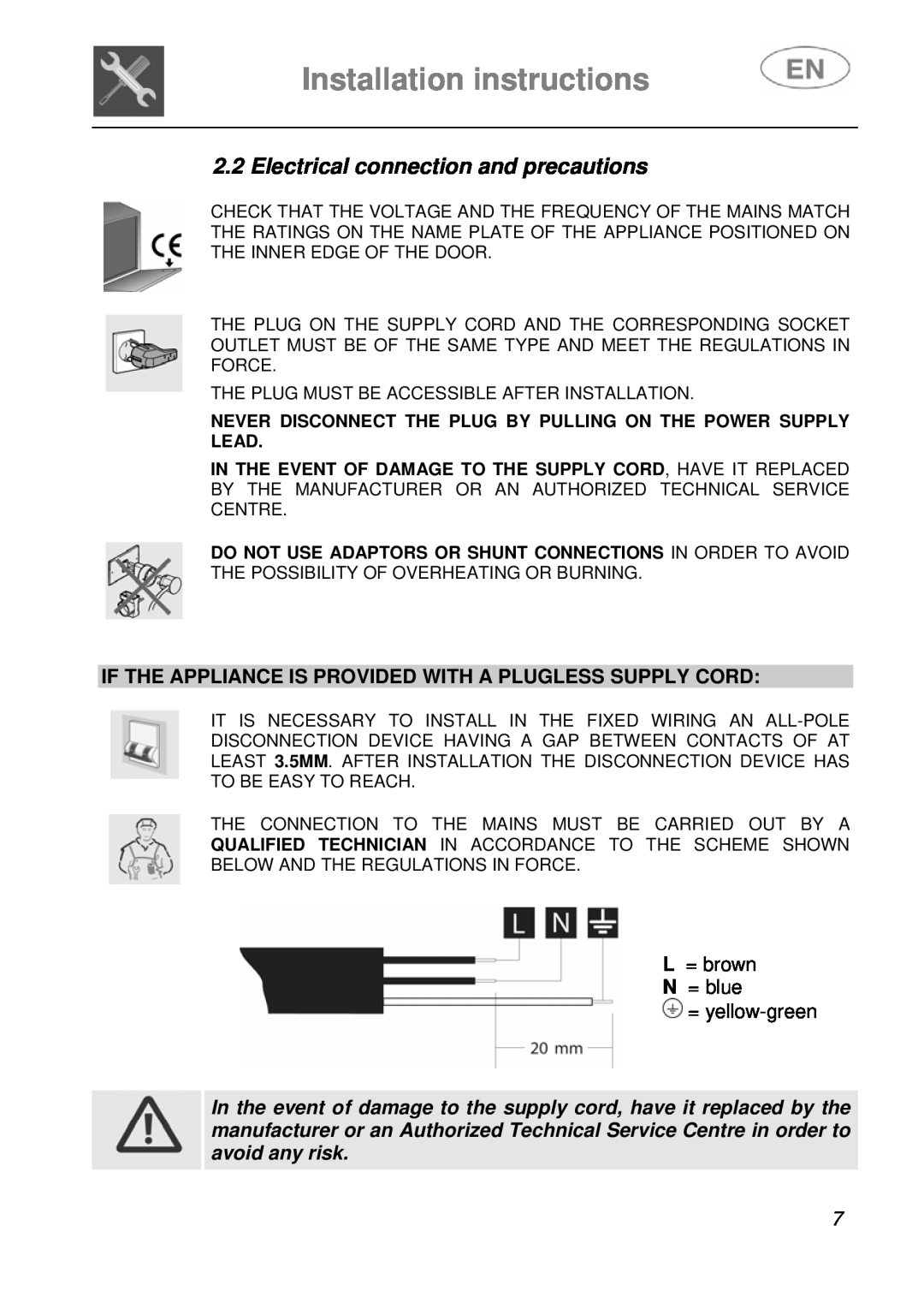 Smeg PL115NE, PL115X instruction manual Installation instructions, Electrical connection and precautions 