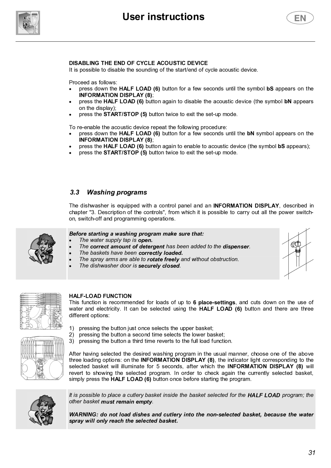 Smeg PL19K User instructions, Washing programs, Disabling the END of Cycle Acoustic Device, Information Display 