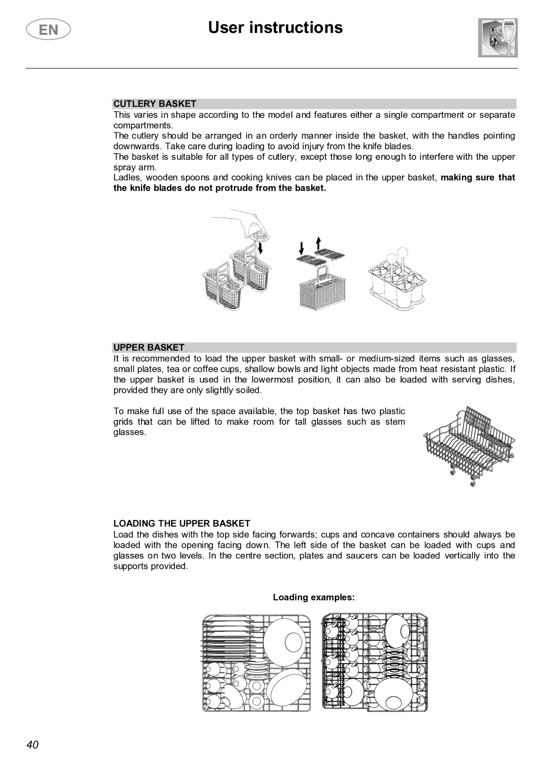 Smeg PL19K instruction manual Cutlery Basket, Loading the Upper Basket 