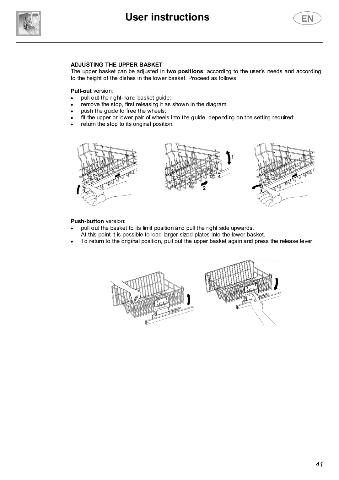 Smeg PL19K instruction manual Adjusting the Upper Basket, Pull-out version 